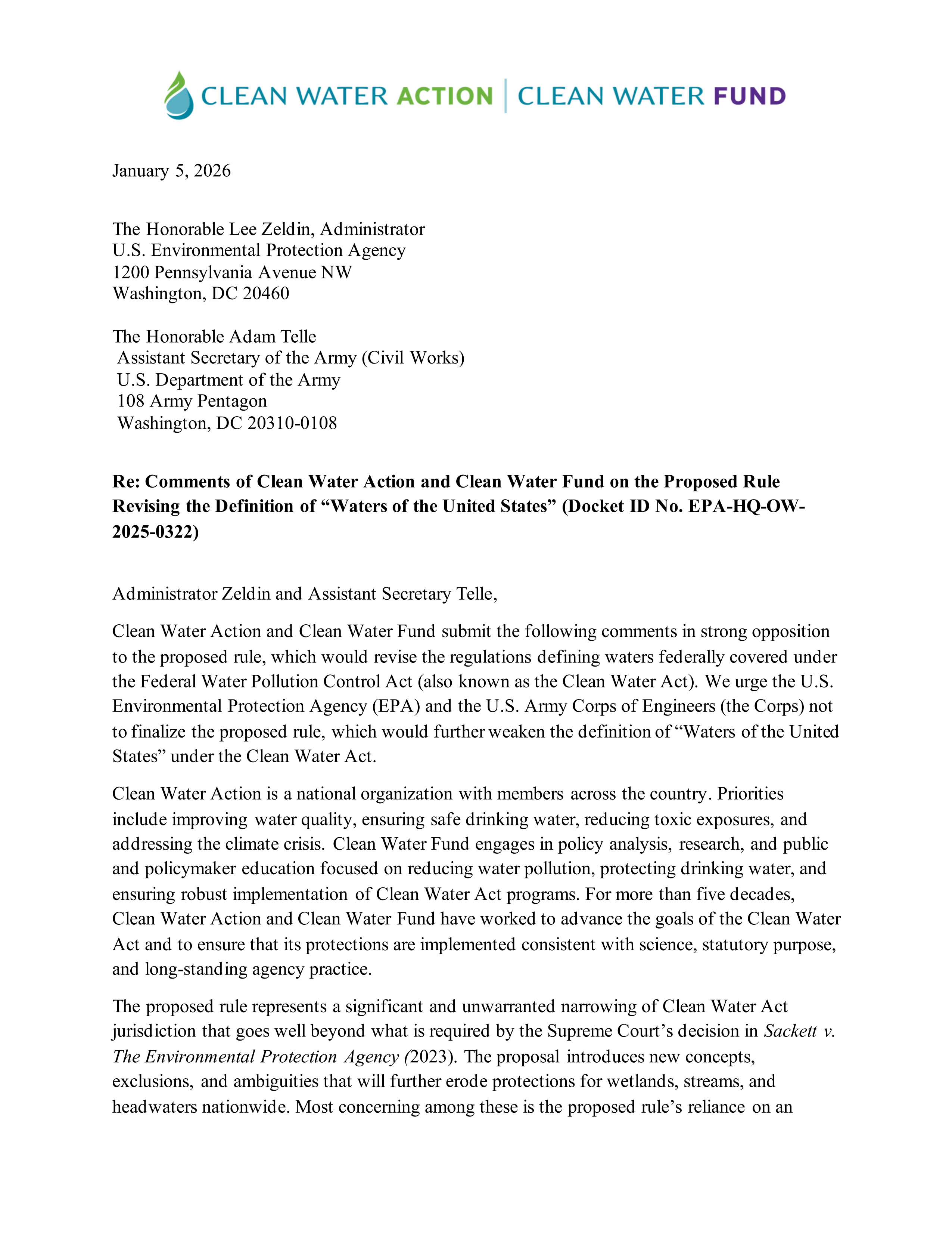 Page 1 of the technical comment submitted to EPA by Clean Water Action and Clean Water Fund