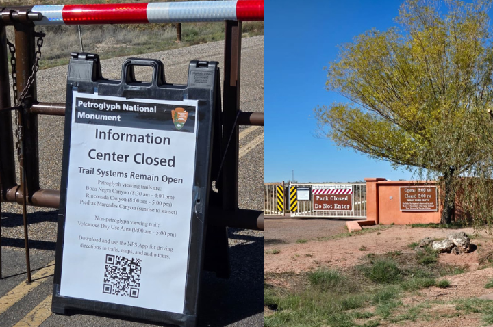 Left: A road sign at Petroglyph National Monument saying the Information Center is closed. Right: The entrance to Petrified Forest National Park is closed.