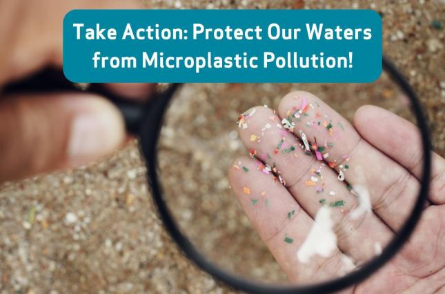 Image of someone looking at microplastics under a microscope on the beach