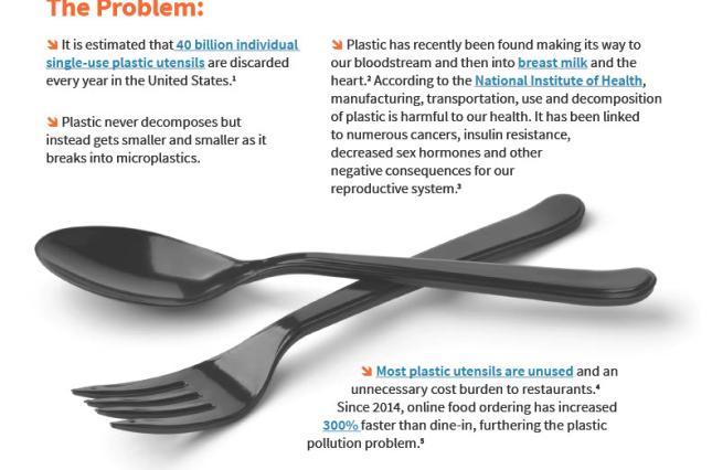 Graphic of NJ's Skip the Stuff Fact Sheet with plastic fork and spoon