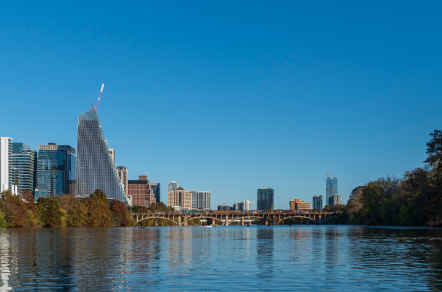 Austin skyline reflected on the water