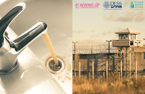 Image of a prison and dirty water coming out of a faucet. Canva.
