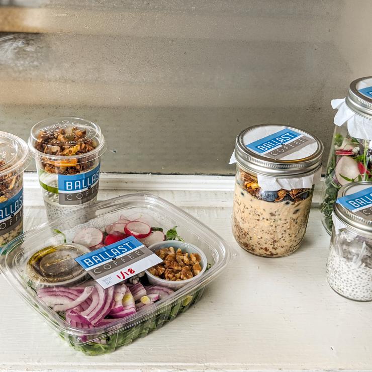 Ballast Coffee before and after: plastic yogurt and salad containers to glass mason jars