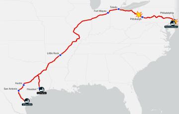 Image of a map of the United States showing: Toxic Free Future's new report uncovers quantities and maps the route of vinyl chloride rail shipments by America’s largest producer, OxyVinyls — known for its role in the 2023 Ohio train derailment.