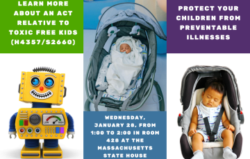 Toxic Free Kids graphic with a toy, baby in stroller and baby in car seat for MA