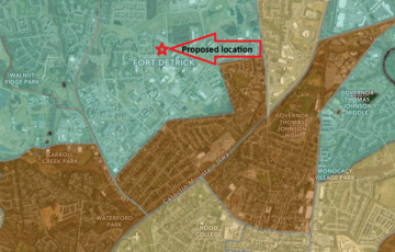 A map showing the location of the proposed medical waste incinerator at the center of Fort Detrick's Area A, with census tracts in dark orange showing areas with EJ Scores above the 75th percentile for the state.