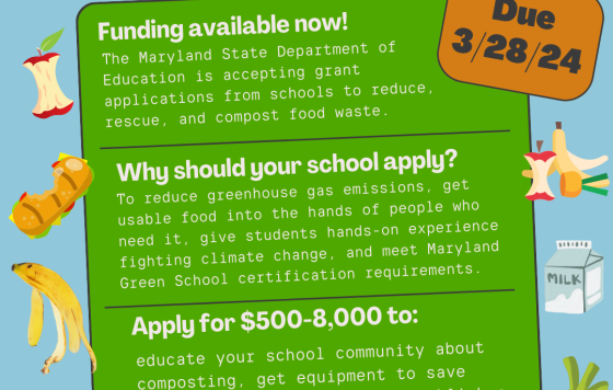 Graphic showing the details of the grant program in the blog post, with clipart of apple cores, banana peels, and other food waste
