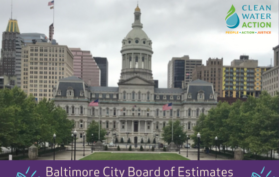 A picture of Baltimore City Hall with text: "What's in Baltimore's budget? Speak out for clean air, clean water, and healthy communities! Baltimore City Board of Estimates Taxpayer's Night. Wednesday, April 23, 6PM, at Baltimore City Hall or online via WebEx