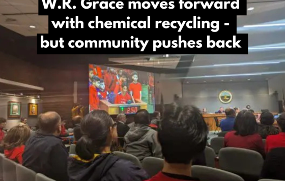 Text says "W.R. Grace moves forward with chemical recycling - but community pushes back" over a picture of a public hearing room full of people wearing red shirts 