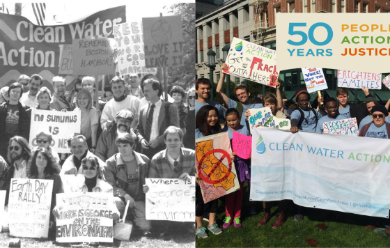 Image: A Clean Water Action Rally in the 80s side by side with a Rally in the 2010s